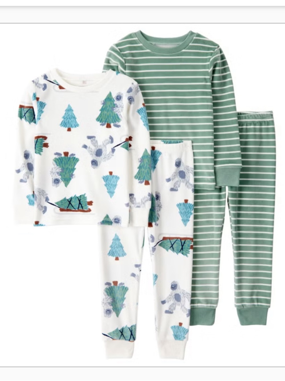 NWT 3T Carter's Kids Pajama Set in Green Stripe and White Yeti Forest soft cozy